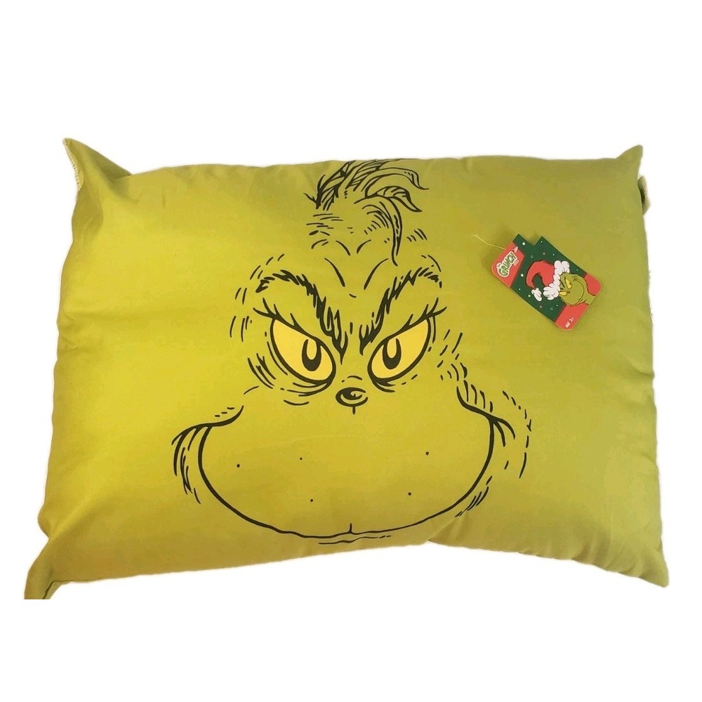 The Grinch Face Standard Pillow Green Dr. Seuss Christmas Holiday 19"x 26" NWT